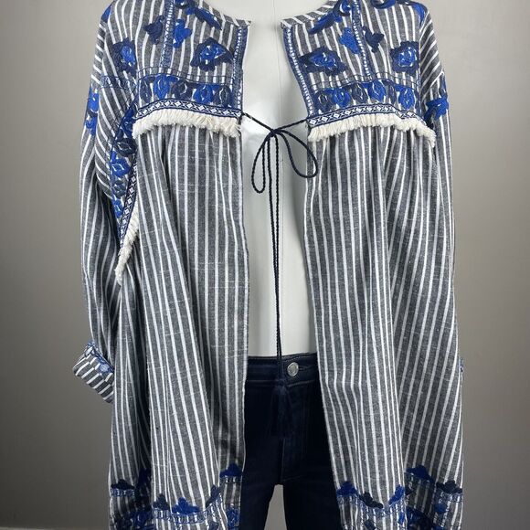 Velzera Boho Floral Embroidery Striped Open Jacket Top Oversized Bohemian - Picture 2 of 11